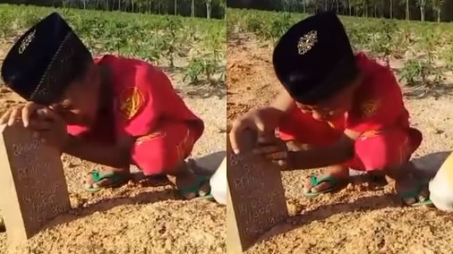 Nyesek! Viral Anak Kecil Menangis Sesenggukan di Makam Ayah, Videonya Menyayat Hati