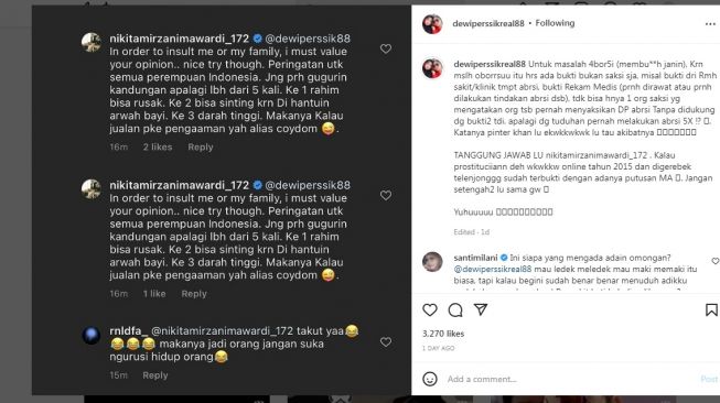 Nikita Mirzani tuduh Dewi Perssik lakukan aborsi lima kali. 