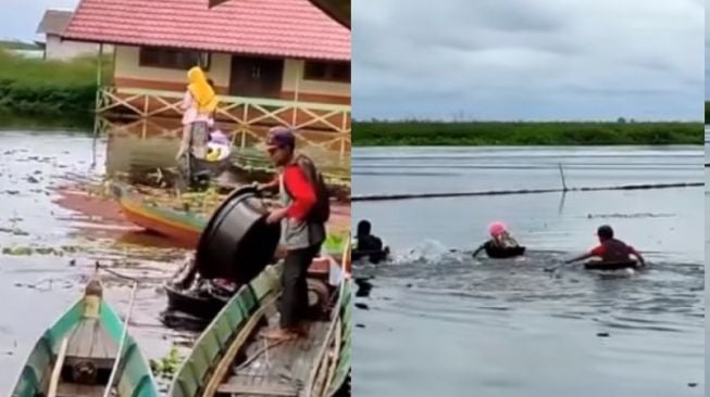 Miris! Bocah SD Berangkat Sekolah Naik Baskom, Warganet Lempar Sindirian: Tetap Mau Ganti Gorden?