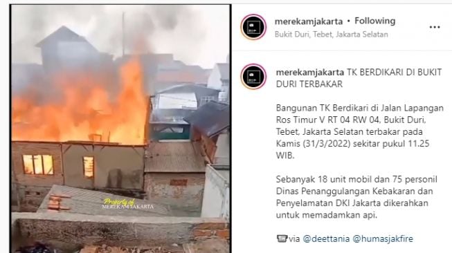 Bagunan TK Berdikari di kawasan Bukit Duri, Tebet, Jakarta Selatan dilanda kebakaran. (tangkapan layar/instagram