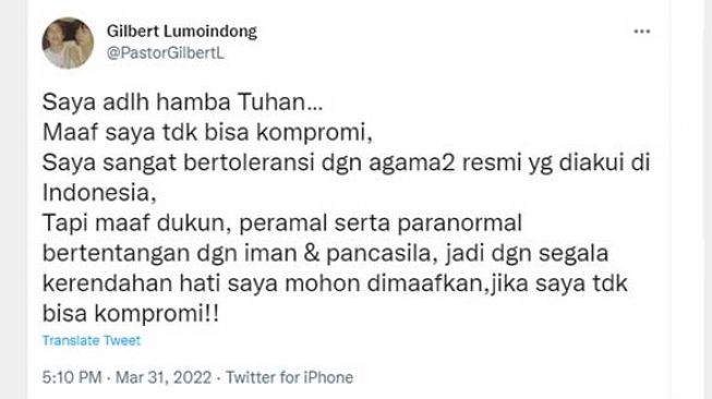 Cuitan Pendeta Gilbert Lumoindong soal paranormal. [Twitter/tangkapan layar]