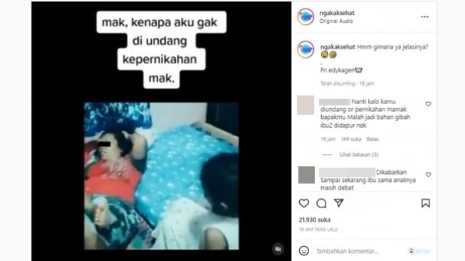 Bocah nangis protes tidak diundang ke pernikahan orangtuanya hingga bikin sang ibu pusing sendiri. (Instagram/@ngakaksehat)