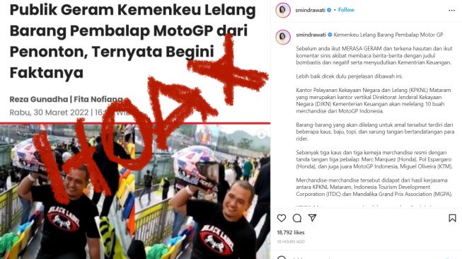 Surat Protes Suara.com untuk Akun Instagram Sri Mulyani: Kenapa Artikel yang Meluruskan Informasi Dilabeli Hoaks?