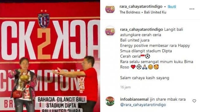 Rara Pawang Hujan di pertandingan puncak laga Bali United BRI Liga1 . [Foto : Tangkap layar instagram @rara_cahayatarotindigo]