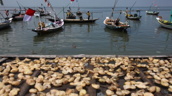 Sejumlah perahu nelayan tertambat di Pantai Kenjeran Surabaya, Jawa Timur, Minggu (3/4/2022).  ANTARA FOTO/Didik Suhartono