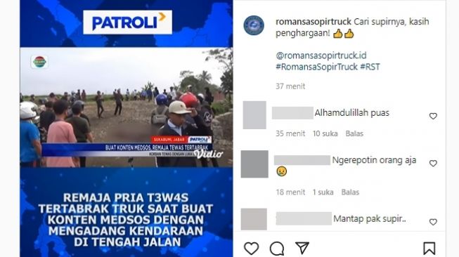 Remaja meninggal tertabrak setelah nekat membuat konten mengadang truk di tengah jalan. (Instagram/@romansasopirtruck)