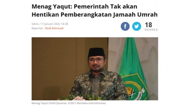 Tangkapan layar artikel mengenai Menteri Agama, Yaqut Cholil Qoumas, yang benar di Merdeka.com.