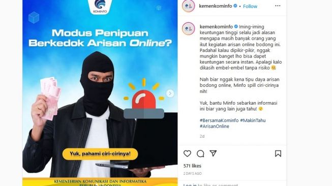 Modus penipuan berkedok arisan online [Instagram @kemenkominfo].