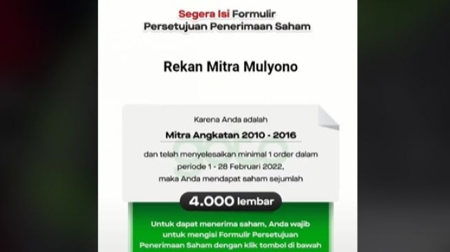 Mulyono, ojol pertama di Indonesia mendapatkan saham Goto (TikTok)