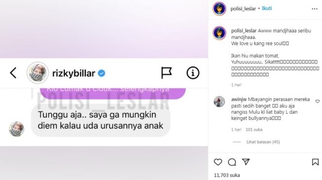 Unggahan soal Rizky Billar. [Instagram/@polisi_leslar]