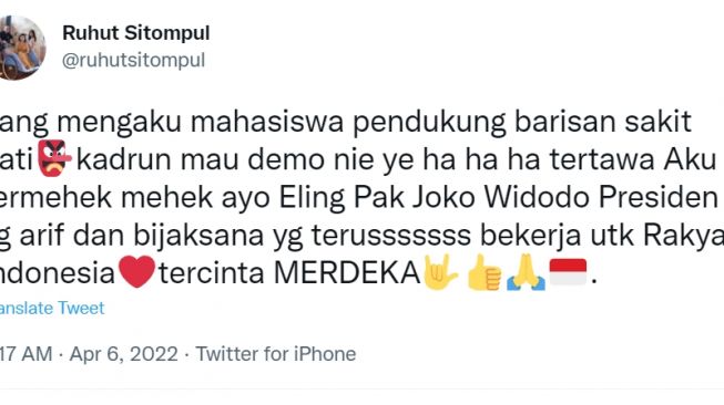 Tangkapan layar akun Twitter Ruhut Sitompul