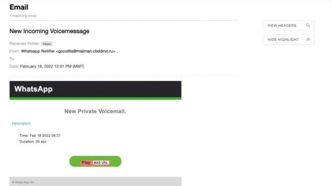 Email phising berbentuk voice note WhatsApp. [Bleepingcomputer]