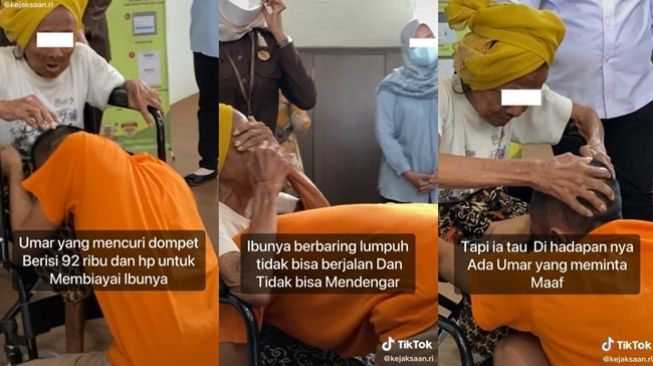 Pria nekat mencuri demi membiayai ibunya yang lumpuh tampak bersujud meminta maaf saat dibebaskan. (TikTok/@kejaksaan.ri)