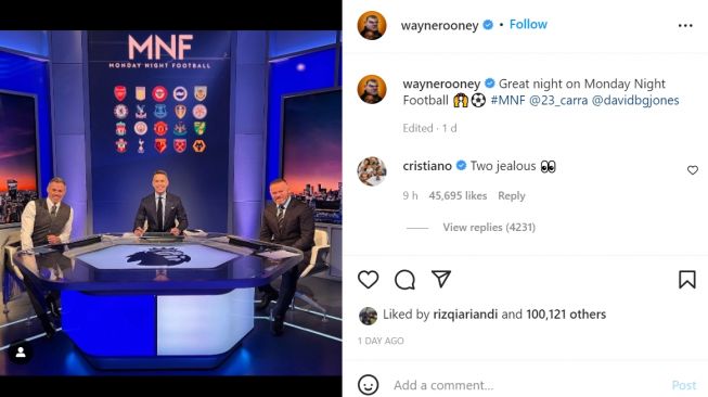 Cristiano Ronaldo mengomentari sebuah unggahan Wayne Rooney di Instagram. [Instagram/@waynerooney]