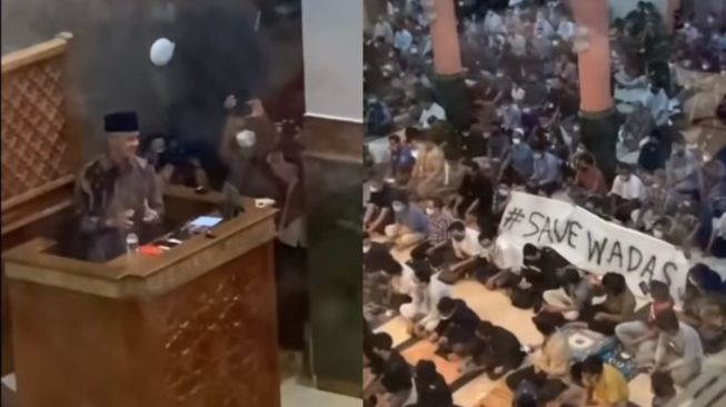 Viral Video Ganjar Pranowo Lagi Ceramah di Masjid UGM, Mahasiswa Bentangkan Spanduk 'Save Wadas'