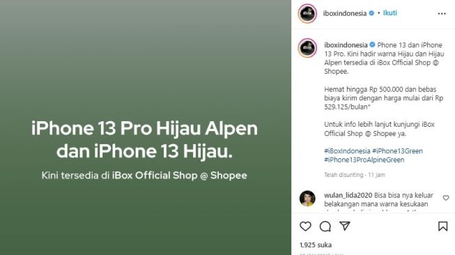 iPhone 13 Hijau di iBox. [Instagram]