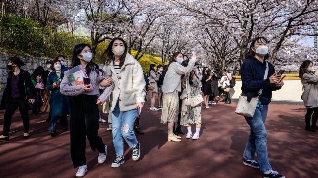 Orang-orang berjalan di bawah pohon sakura yang bermekaran di Seoul, Korea Selatan, Rabu (6/4/2022). [ANTHONY WALLACE / AFP]