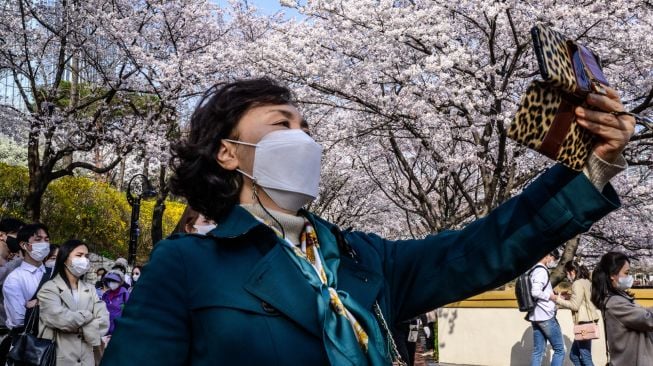 Seorang wanita berswafoto di bawah pohon sakurayang bermekaran di Seoul, Korea Selatan, Rabu (6/4/2022). [ANTHONY WALLACE / AFP]
