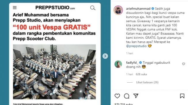 Arief Muhammad bikin giveaway dengan membagi 100 Vespa. [Instagram]