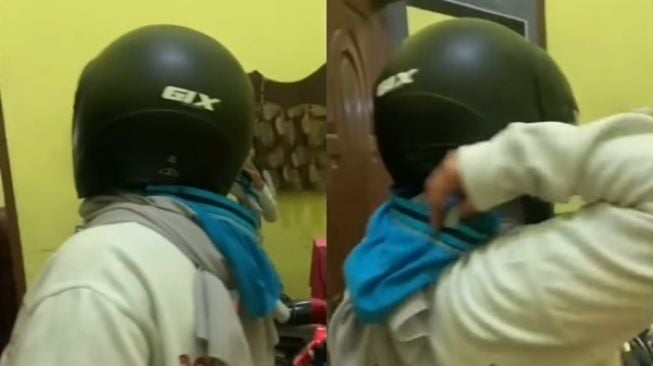 Pulang Beli Makan Buka Puasa, Emak-emak Tak Sadar Ada Benda Biru Ini Terselip di Helm (instagram/@terangmedia)