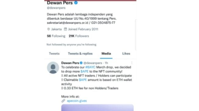 Akun Twitter Resmi Dewan Pers Diduga Diretas, Unggah Cuitan Seputar NFT, Publik: Serangan Parah