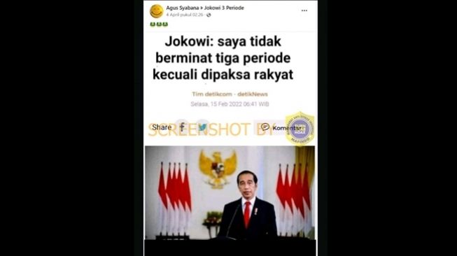 Tangkapan layar unggahan di Facebook yang menyertakan artikel Detik.com dengan klaim Jokowi tak berminat menjabat 3 periode kecuali dipaksa rakyat. (Turnbackhoax.id)