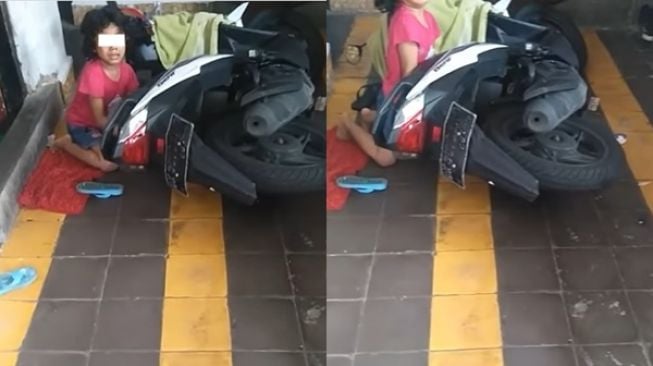 Nangis Kejer Gegara Motor Ambruk, Bocil Ini Panik sampai Kuat Angkat Motor Lagi, Publik Berdebat