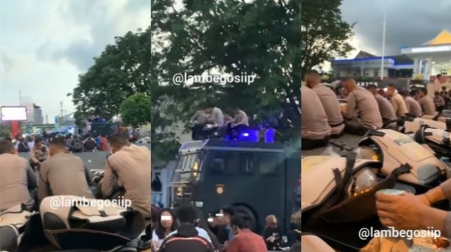 Polisi dan mahasiswa peserta demo 11 April terlihat buka puasa bersama. (Instagram/@lambegosiip)