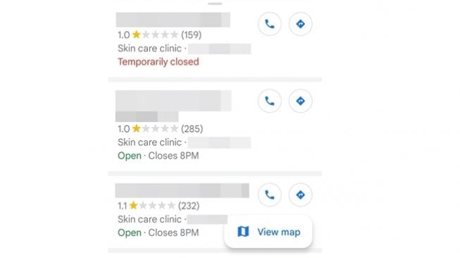 Tangkapan layar rating terkini klinik brand skincare yang dikecam publik karena unggahan bernuansa SARA. (Twitter/@JaeKyeom1826)