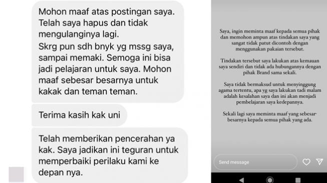 Tangkapan layar permintaan maaf dari pemilik brand skincare (kiri) dan pria yang bercanda mengenakan pakaian muslimah (kanan). (Twitter/@oenniebeauty/@kangkurakura)