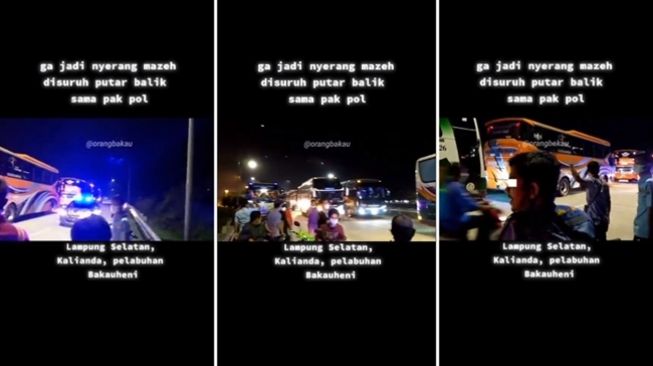 Tangkapan layar rekaman video pemutarbalikan paksa ratusan bus dari Sumatera yang diklaim menjelang demo mahasiswa 11 April 2022. (Twitter/@KotakPandora5)