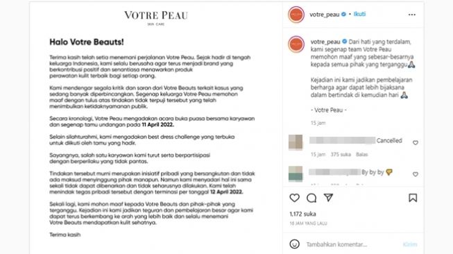 Brand skincare lokal Votre Peau meminta maaf atas aksi seorang pria yang dianggap melecehkan agama karena berpenampilan seperti muslimah bercadar. (Instagram/@votre_peau)