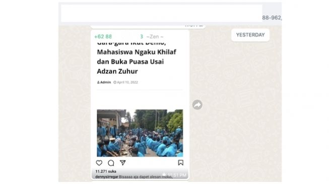 Tangkapan layar grup WhatsApp yang menyebarkan artikel dengan narasi mahasiswa peserta demonstrasi khilaf dan buka puasa saat azan Zuhur. (Medcom.id)