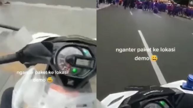 Kurir Naik Motor Terobos Demo Mahasiswa untuk Antar Paket, Demonstran Auto Minggir Beri Jalan, Publik Salut