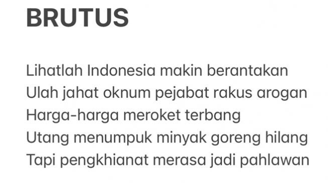 Fadli Zon unggah puisi berjudul Brutus yang singgung berbagai isu, termasuk big data, kelangkaan minyak goreng, presiden 3 periode, sampai oligarki dan janji investasi. (Twitter/@fadlizon)