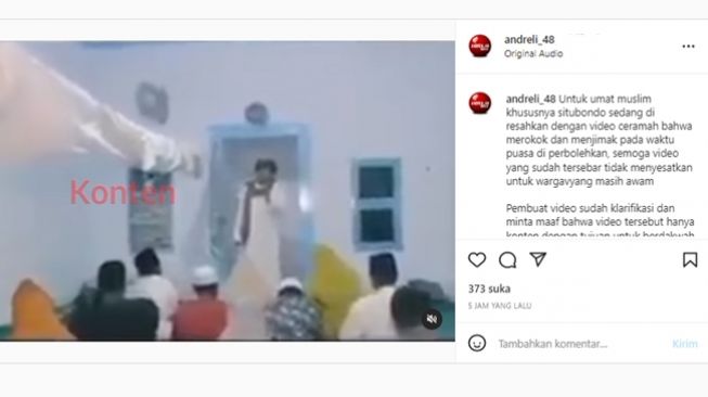 Tangkapan layar potongan video dakwah kiai yang mengizinkan merokok dan berhubungan suami istri meski pada siang hari di bulan Ramadan. (Instagram/@andreli_48)