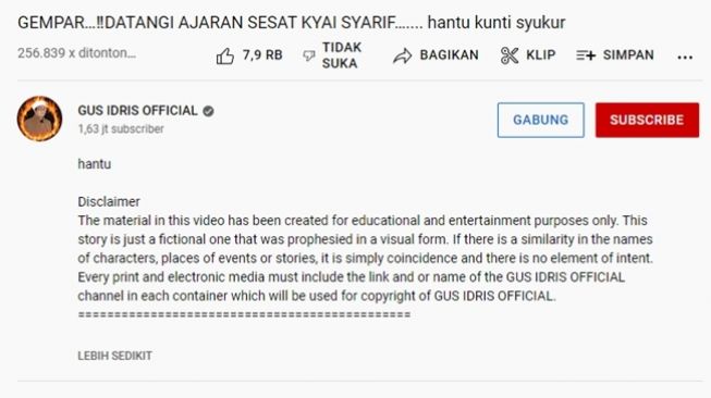 Tangkapan layar disclaimer di konten asli video dakwah kiai yang mengizinkan merokok serta berhubungan suami istri saat siang hari di bulan Ramadan. (YouTube/Gus Idris Official)