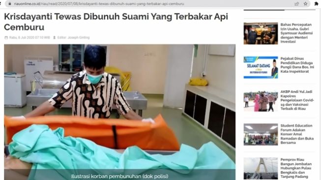 Tangkapan layar artikel asli mengenai Hermita Krisdayanti, warga Riau yang meninggal dunia di tangan sang suami. (Turnbackhoax.id)