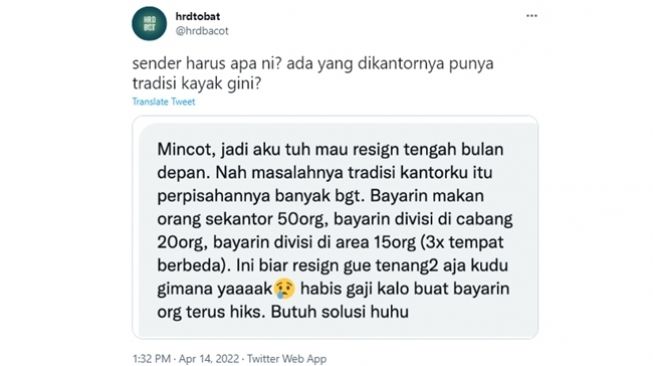 Viral curhatan pegawai mau resign malah ditodong traktir puluhan orang. (Twitter/@hrdbacot)