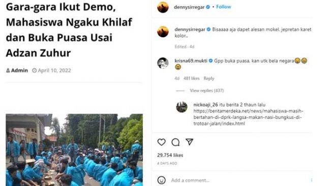 Tangkapan layar unggahan akun Instagram Denny Siregar. [nstagram Denny Siregar]