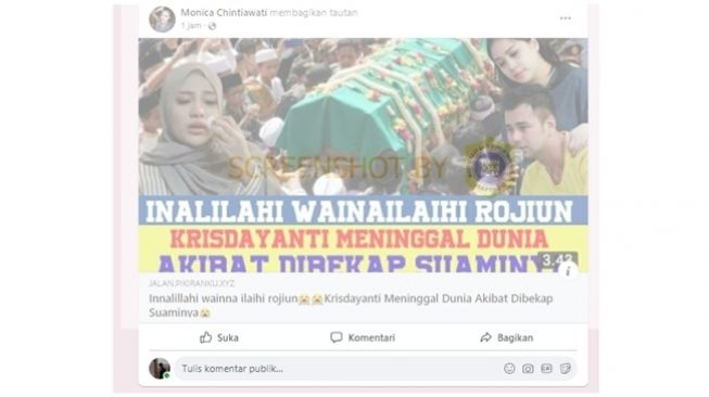 Tangkapan layar unggahan Facebook yang mengabarkan meninggalnya Krisdayanti akibat dibekap suaminya. (Turnbackhoax.id)