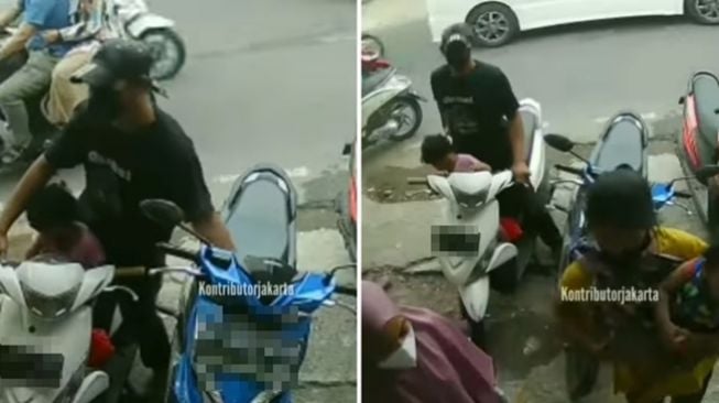 Pria terekam CCTV mencuri HP dari dashboard sepeda motor saat bersama anak istrinya. (Instagram/@warungjurnalis)