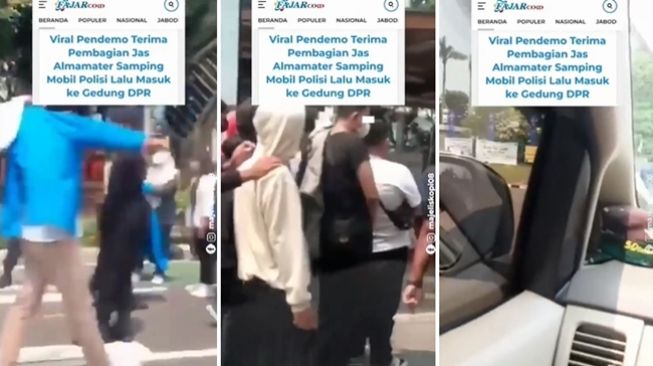 Geger video bagi-bagi jas almamater ke diduga oknum pendemo di dekat mobil polisi. (Instagram/@majeliskopi08)