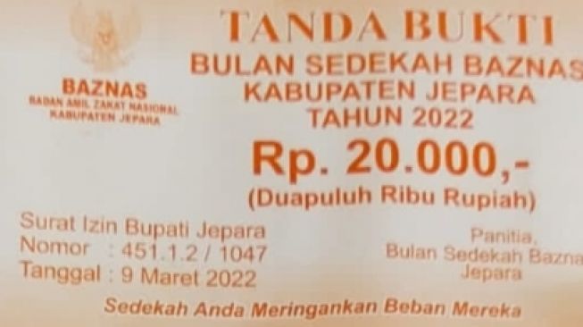 Tanda bukti bulan sedekah Baznas Kabupaten Jepara tahun 2022. [Suarabaru.id]