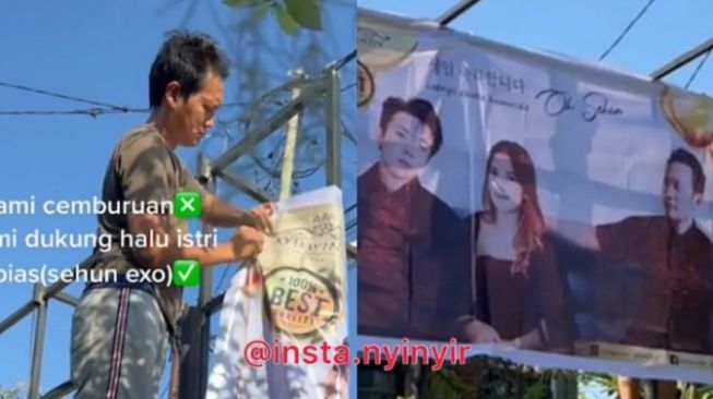 Dukung Istri Halu, Viral Aksi Suami Pasang Spanduk Foto Bareng Sehun EXO