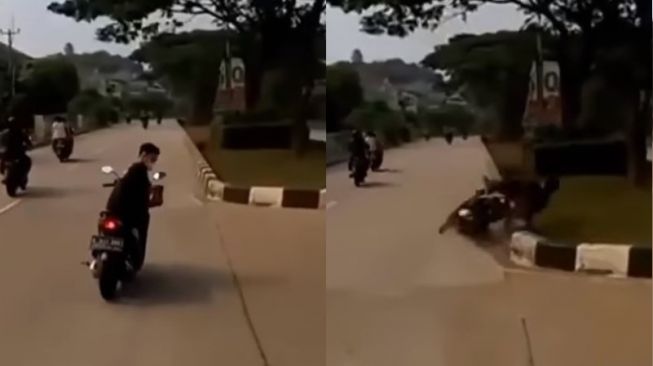 Fokus Merekam Pakai HP Saat Berkendara, Pemotor Berakhir Mental ke Trotoar, Warganet: Cameraman Tidak Selamat