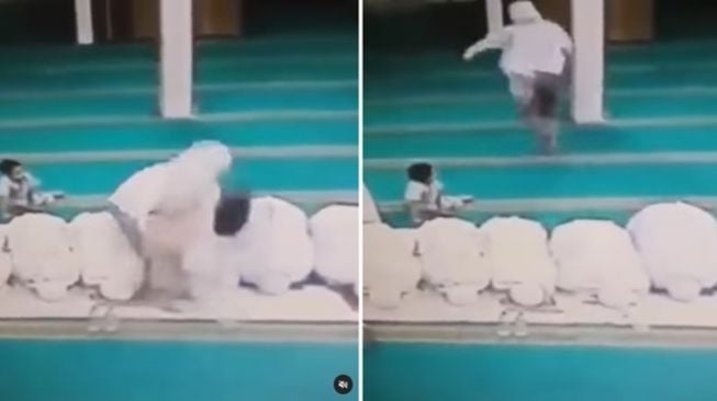 Pencuri tas totalitas pakai mukena dan langkahi jemaah yang sedang salat di masjid. (Instagram/@fakta.sulsel)