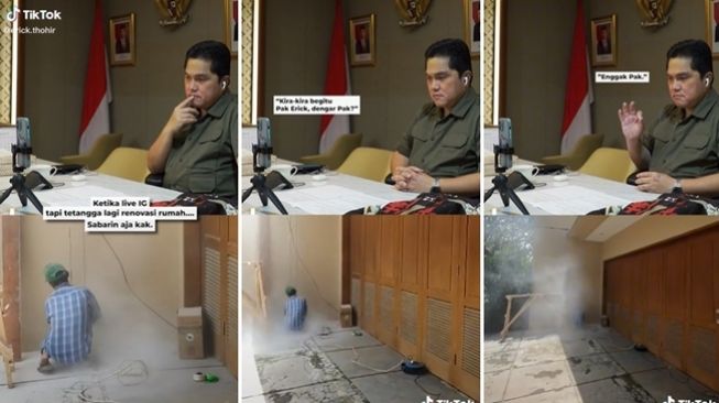 Momen kocak Erick Thohir pasrah live IG bareng tetangga lagi renovasi rumah. (TikTok/@erick.thohir)