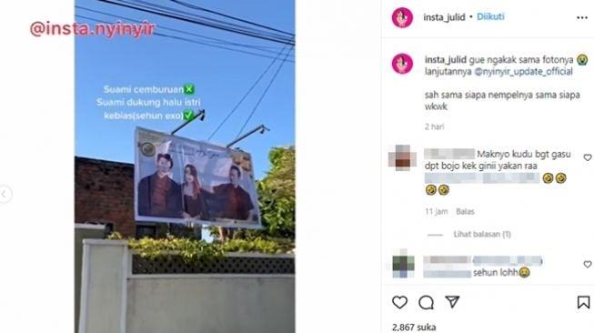 Suami dukung istri suka K-Pop, bahkan sampai bikin baliho foto halu bertiga bareng Sehun EXO. (Instagram/@insta_julid)