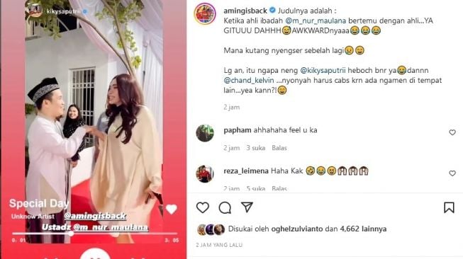 Suasana konyol saat Aming yang berpenampian perempuan bertemu Ustaz Maulana. [Instagram]